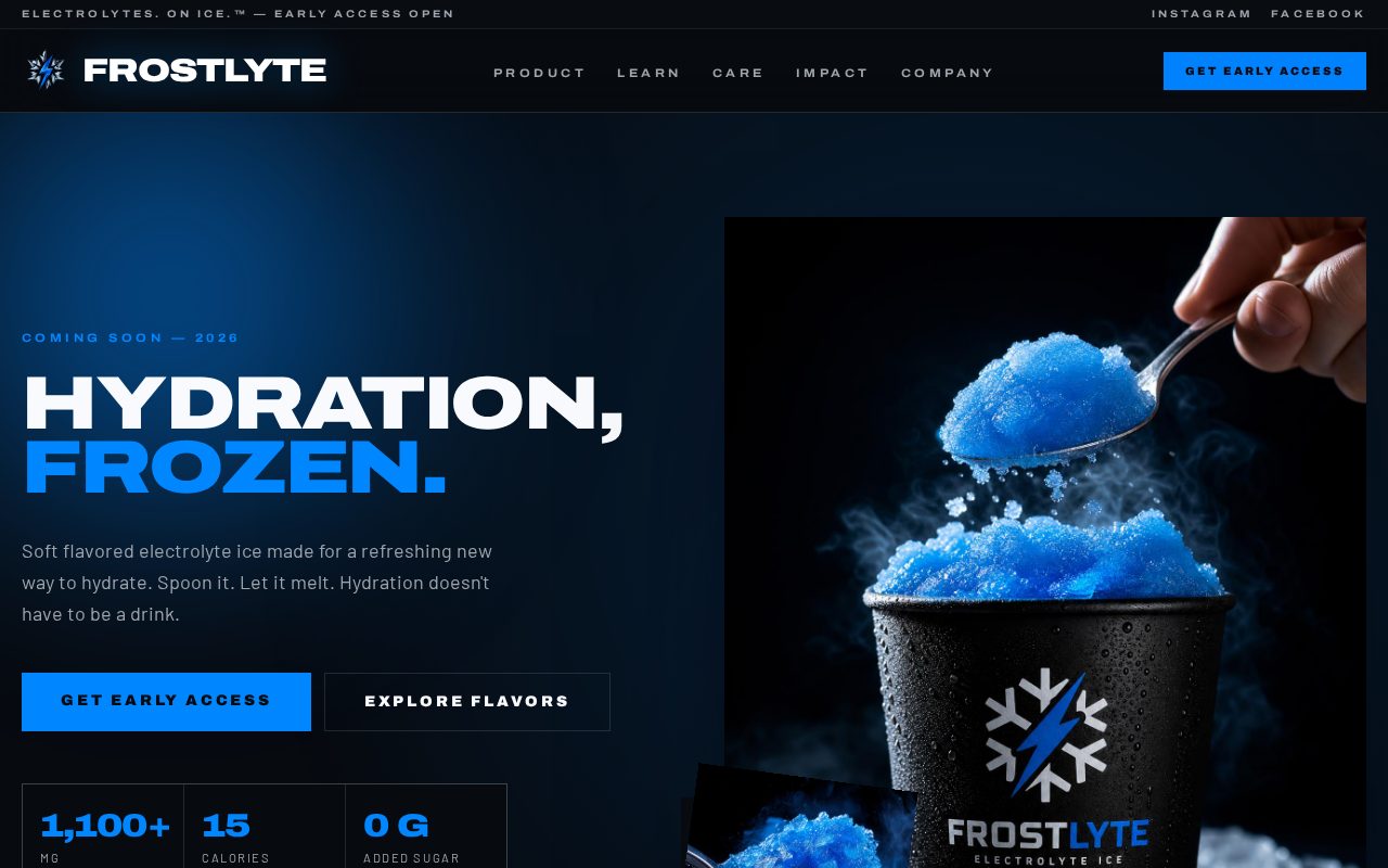 Homepage of FROSTLYTE at getfrostlyte.com, built by LOCORA