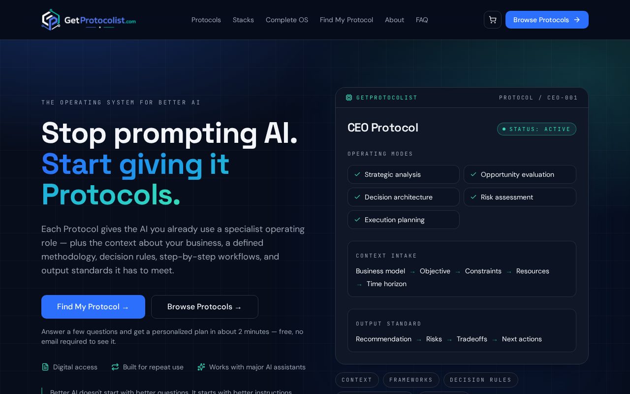 Homepage of GetProtocolist at getprotocolist.com, built by LOCORA