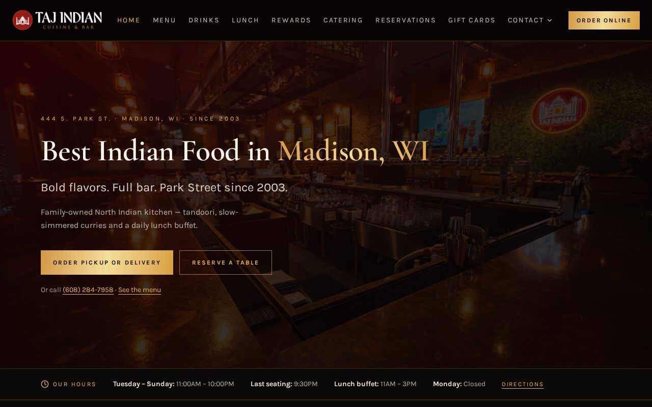 Homepage of Taj Indian Cuisine & Bar at eattaj.com, built by LOCORA